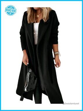 Wool Blend Maxi Trench Coat Open Front Belted Pea Coat Winter Overcoat